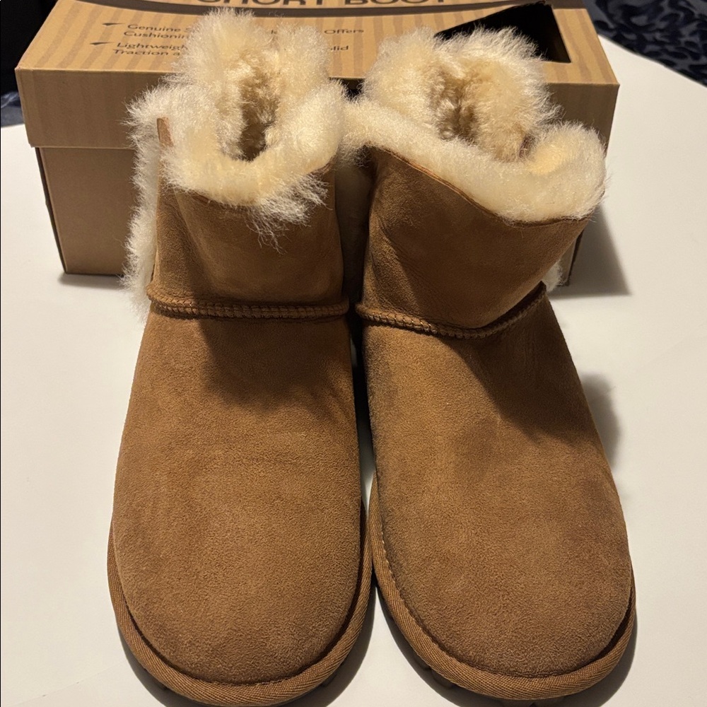 Genuine Sheepskin Leather Wool Shearling Lined Short Winter Boots Chestnut Brown